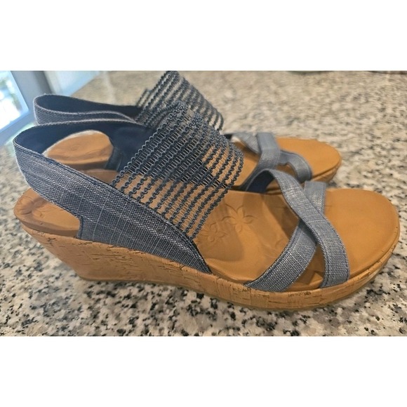 Skechers Beverlee Luxe Foam Wedge Sandals High Tea Navy Sz 9 Women's - Picture 1 of 8